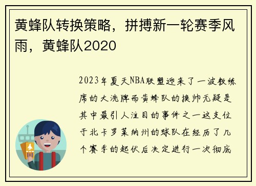 黄蜂队转换策略，拼搏新一轮赛季风雨，黄蜂队2020