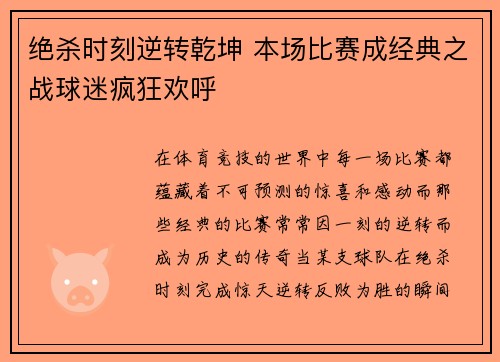 绝杀时刻逆转乾坤 本场比赛成经典之战球迷疯狂欢呼