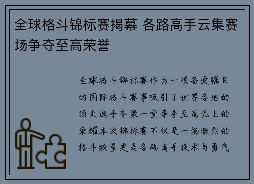 全球格斗锦标赛揭幕 各路高手云集赛场争夺至高荣誉
