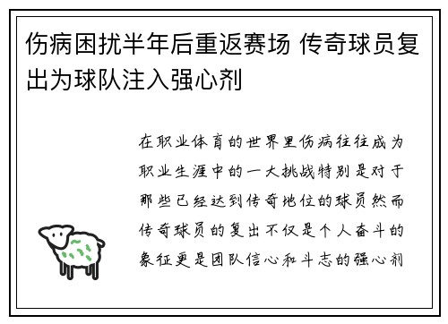 伤病困扰半年后重返赛场 传奇球员复出为球队注入强心剂