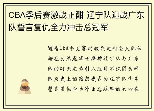 CBA季后赛激战正酣 辽宁队迎战广东队誓言复仇全力冲击总冠军