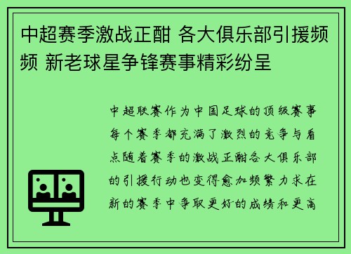 中超赛季激战正酣 各大俱乐部引援频频 新老球星争锋赛事精彩纷呈
